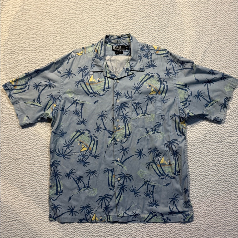 Vintage Polo Ralph Lauren Clayton Hawaiian Shirt Mens L Blue Palm Tree Floral